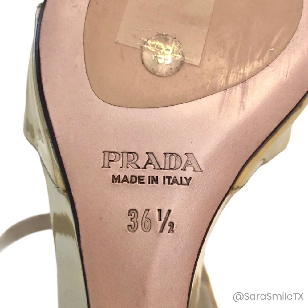PRADA Nude Designer Patent Leather Wedge Sandals - Picture 7 of 10